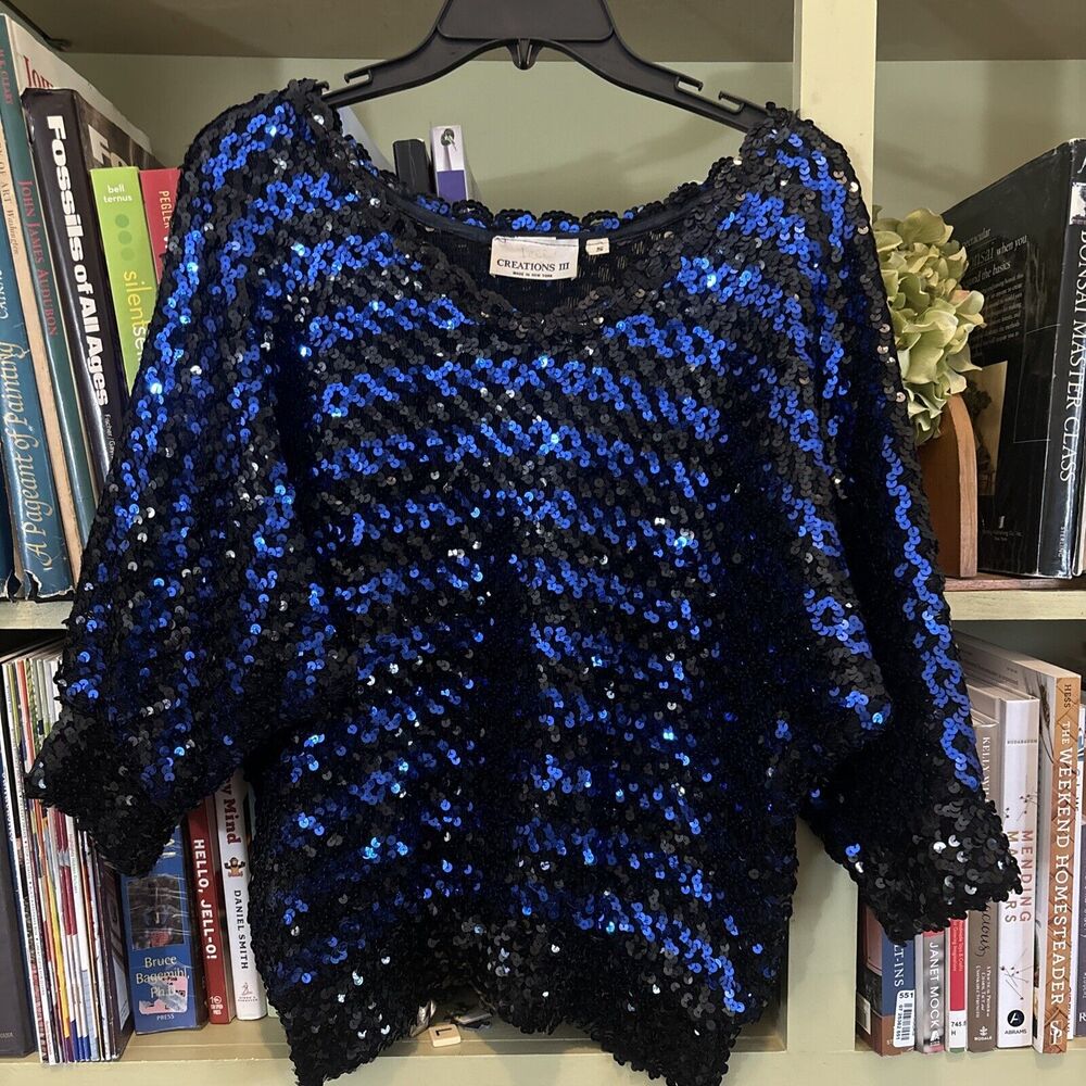 Creations III Sweater Glitter Black Blue Vintage Sparkle Small Sequins Fancy Yes